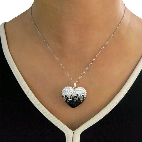 Swarovski Elements Crystal Heart Pendant Black White Sterling Silver 18" Chain Image 2