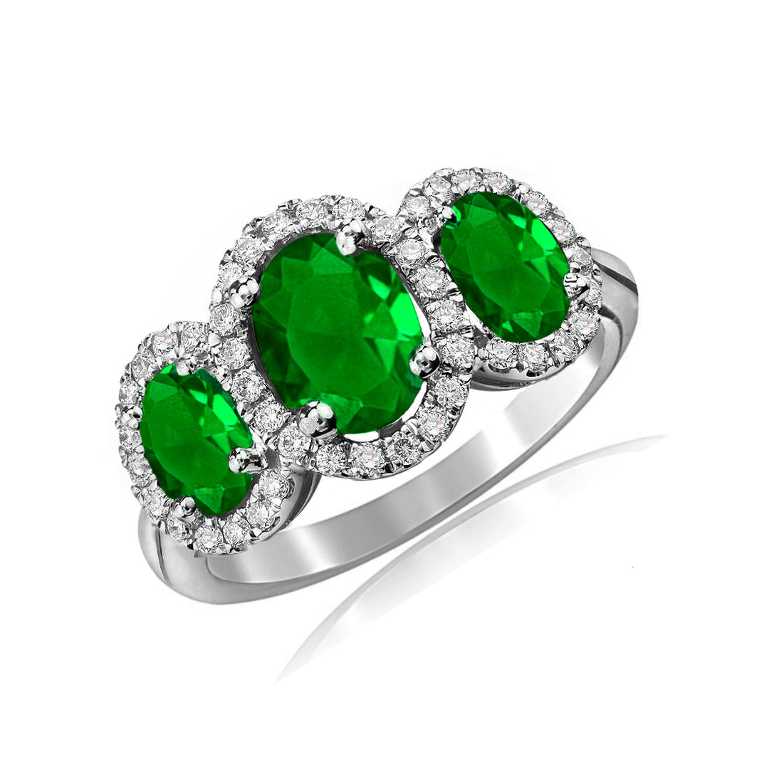 3.50 CTTW Emerald 3 Stone Halo Ring Image 1