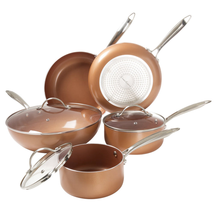 8 Pc Cookware Set with 2 Layer Nonstick Ceramic Coating, Tempered Glass Lid, Copper Color Finish Dishwasher Oven Safe Image 4