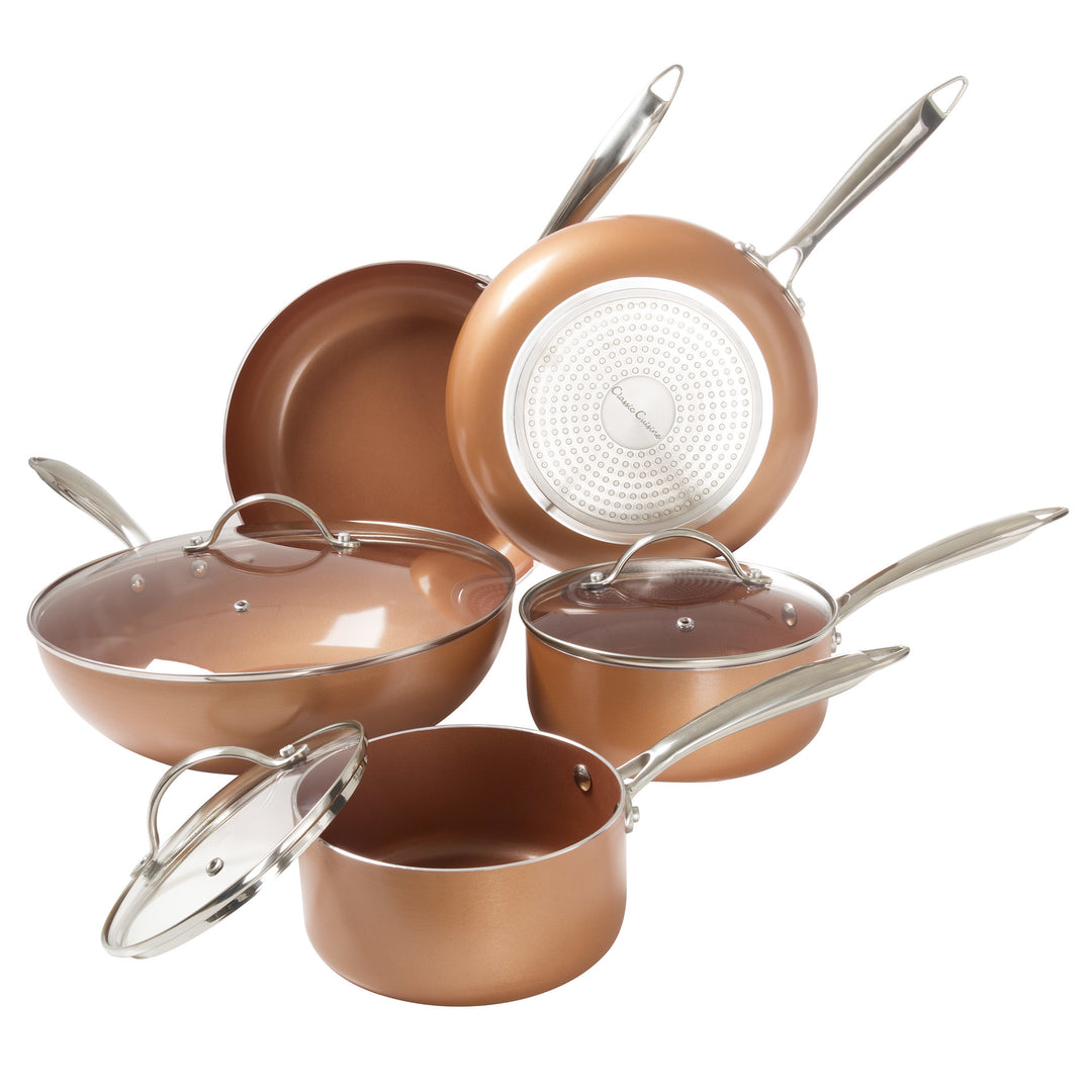 8 Pc Cookware Set with 2 Layer Nonstick Ceramic Coating Tempered Glass Lid Copper Color Finish Dishwasher Oven Safe Image 4