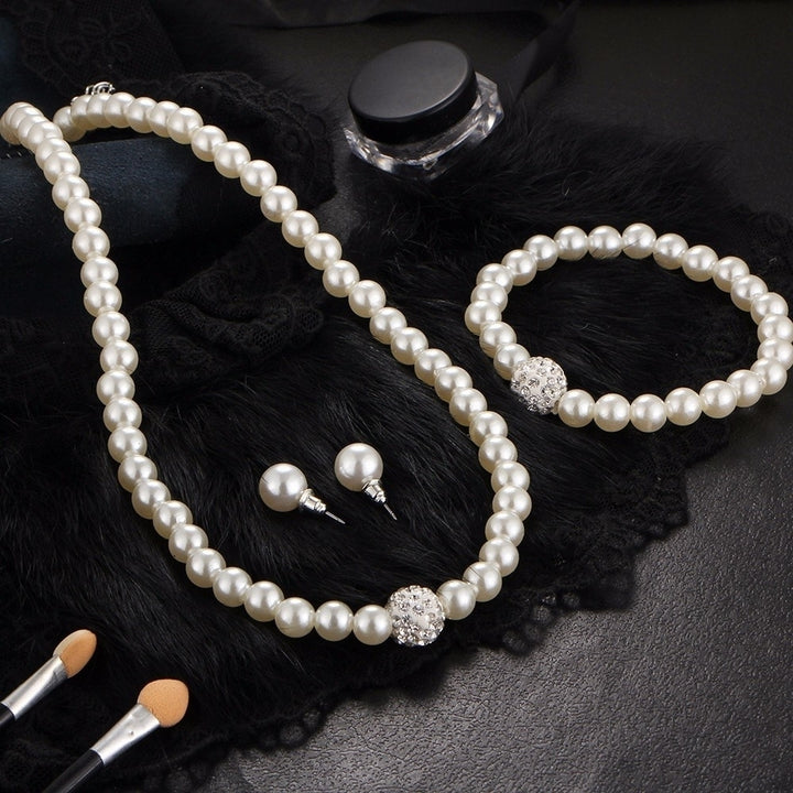 Cultured Freshwater White Pearl Necklace Bracelet and Stud Earring Jewelry Set Image 6