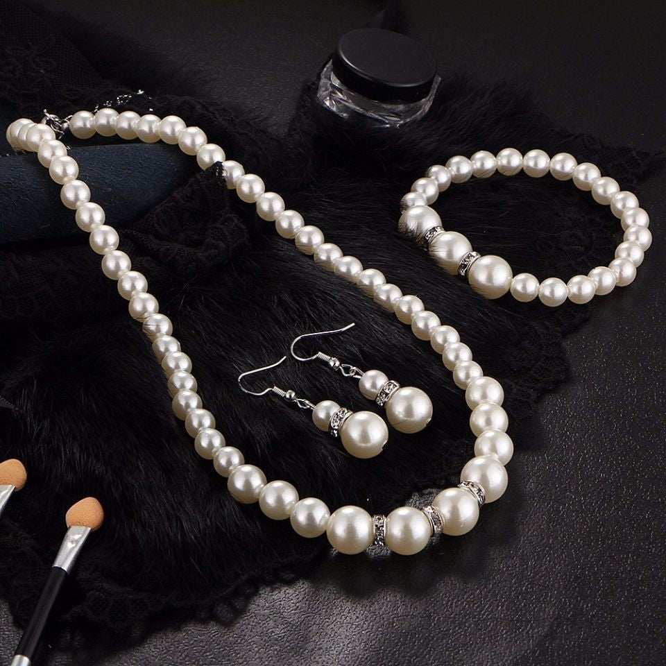 Cultured Freshwater White Pearl Necklace Bracelet and Drop Earring Jewelry Set Image 6