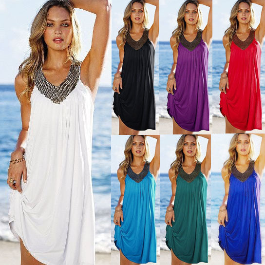 V neck beaded Beach Dress in 7 Colors Image 1