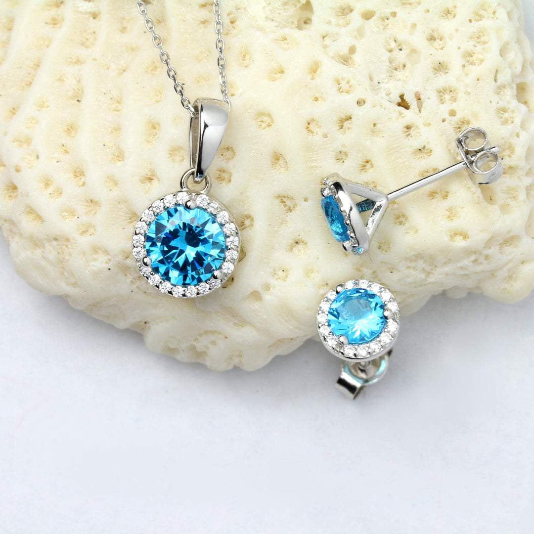 Sterling Silver Aquamarine Round CZ Earring and Pendant Set Image 1