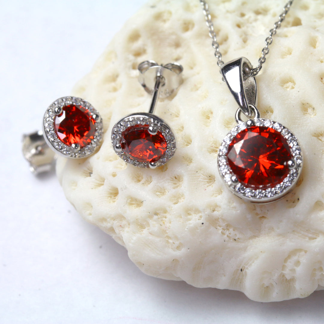 Sterling Silver Ruby Round CZ Earring and Pendant Set Image 1