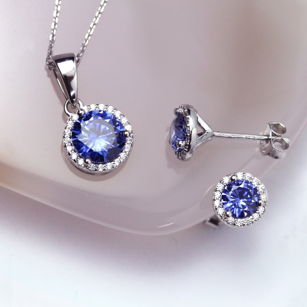 Sterling Silver Sapphire Round CZ Earring and Pendant Set Image 1