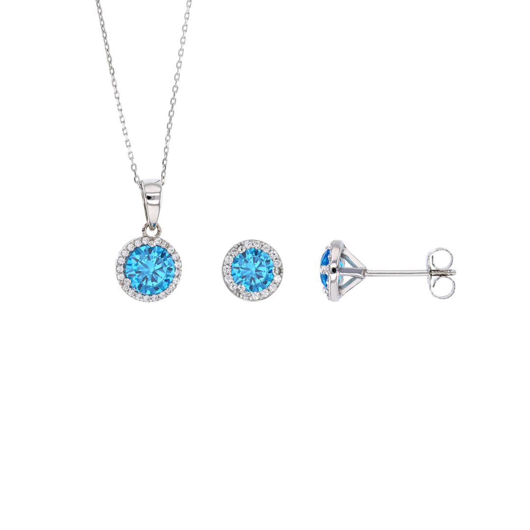 Sterling Silver Aquamarine Round CZ Earring and Pendant Set Image 2