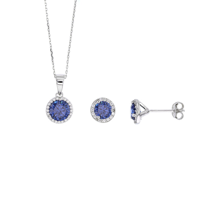 Sterling Silver Sapphire Round CZ Earring and Pendant Set Image 2