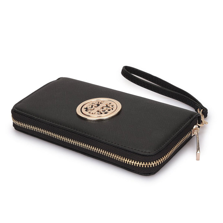 Dasein Zip Around Wallet Purse Faux Leather Gold Emblem 7.75x4 Inch Removable Strap Image 11