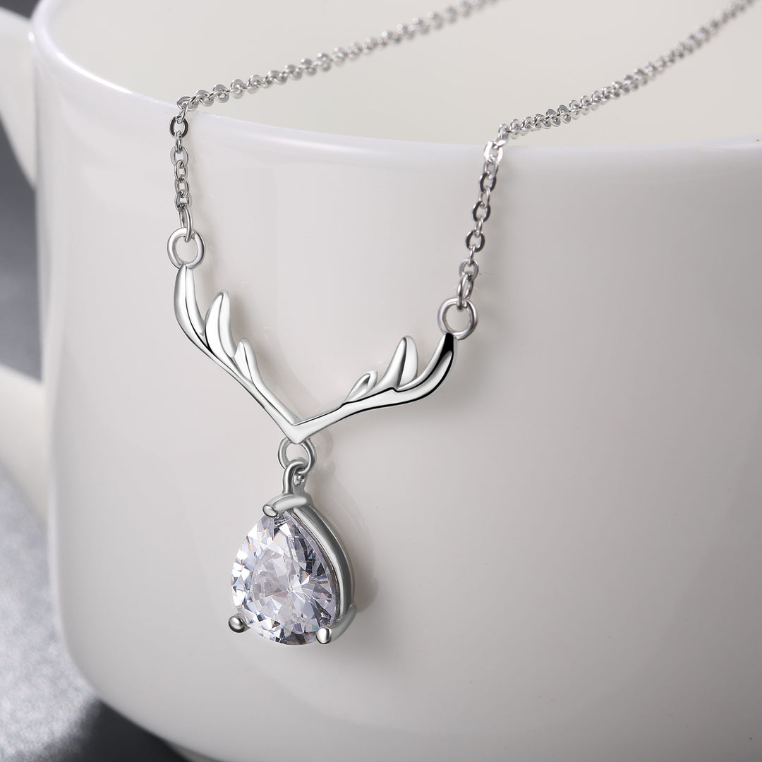 925 Sterling Silver Pear Shape CZ Diamond Antlers Pendant Necklace,18" Image 9