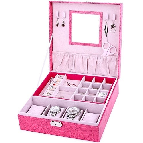 Arolly Two-layer Leather Jewelry Box Watch Organizer Display Storage Case With Lock Image 1