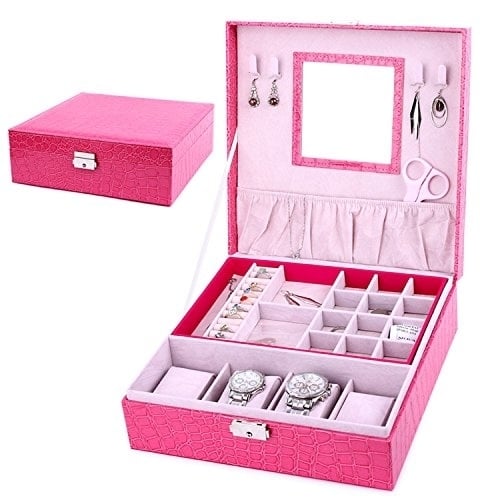 Arolly Two-layer Leather Jewelry Box Watch Organizer Display Storage Case With Lock Image 2