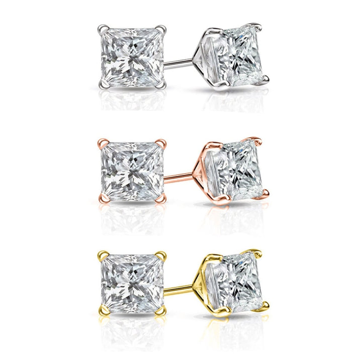 Set of 3 Sterling Silver Princess Cut Swarovski Crystal Studs 6mm 925 Image 1