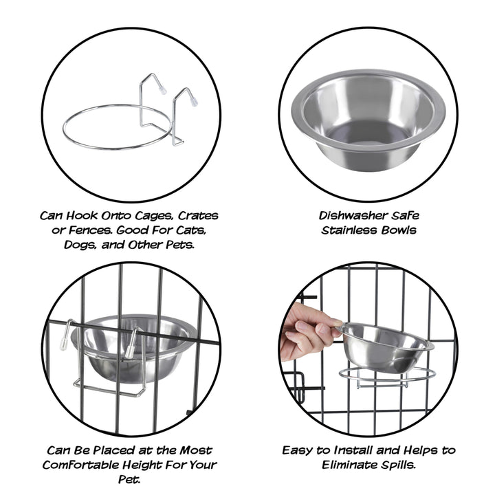 2 Stainless Steel Hanging Pet Bowls for Dogs and Cats- CageKenneland Crate Feeder Dish for Food and Water 8 OZ Image 3