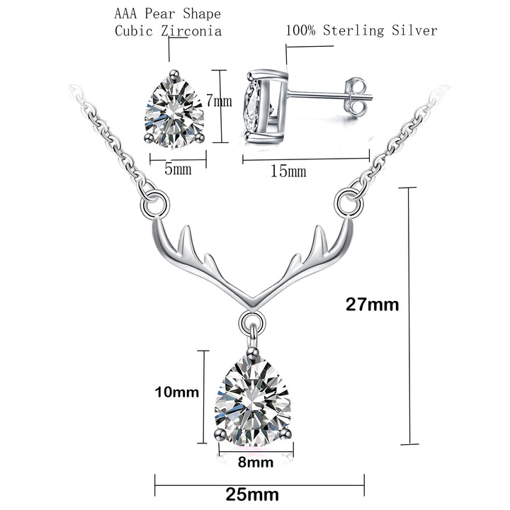 925 Sterling Silver Pear Shape CZ Diamond Antlers Pendant Necklace,18" Image 4