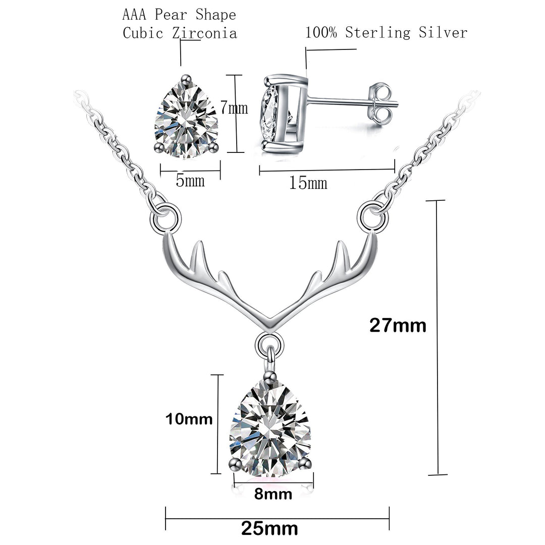 925 Sterling Silver Pear Shape CZ Diamond Antlers Pendant Necklace,18" Image 1