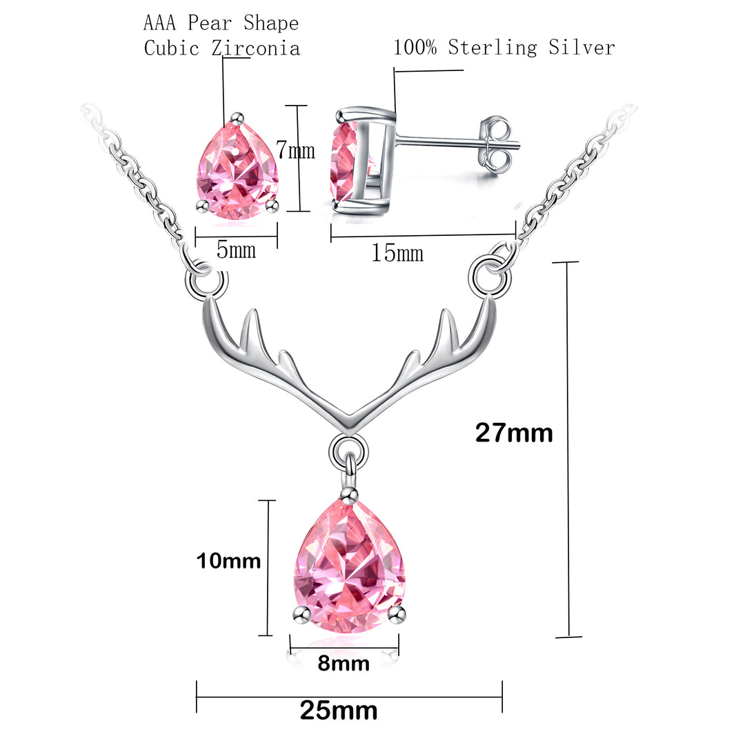 925 Sterling Silver Pear Shape CZ Diamond Antlers Pendant Necklace,18" Image 4