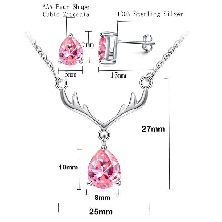 925 Sterling Silver Pear Shape CZ Diamond Antlers Pendant Necklace,18" Image 4