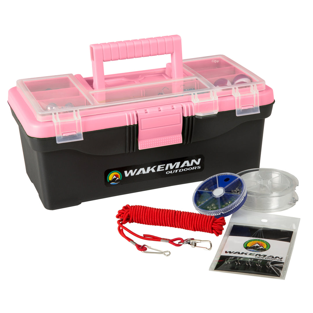 Wakeman Outdoors Pink Fishing Tackle Box Starter Kit 55 Pc Lures Line Swivels Image 1