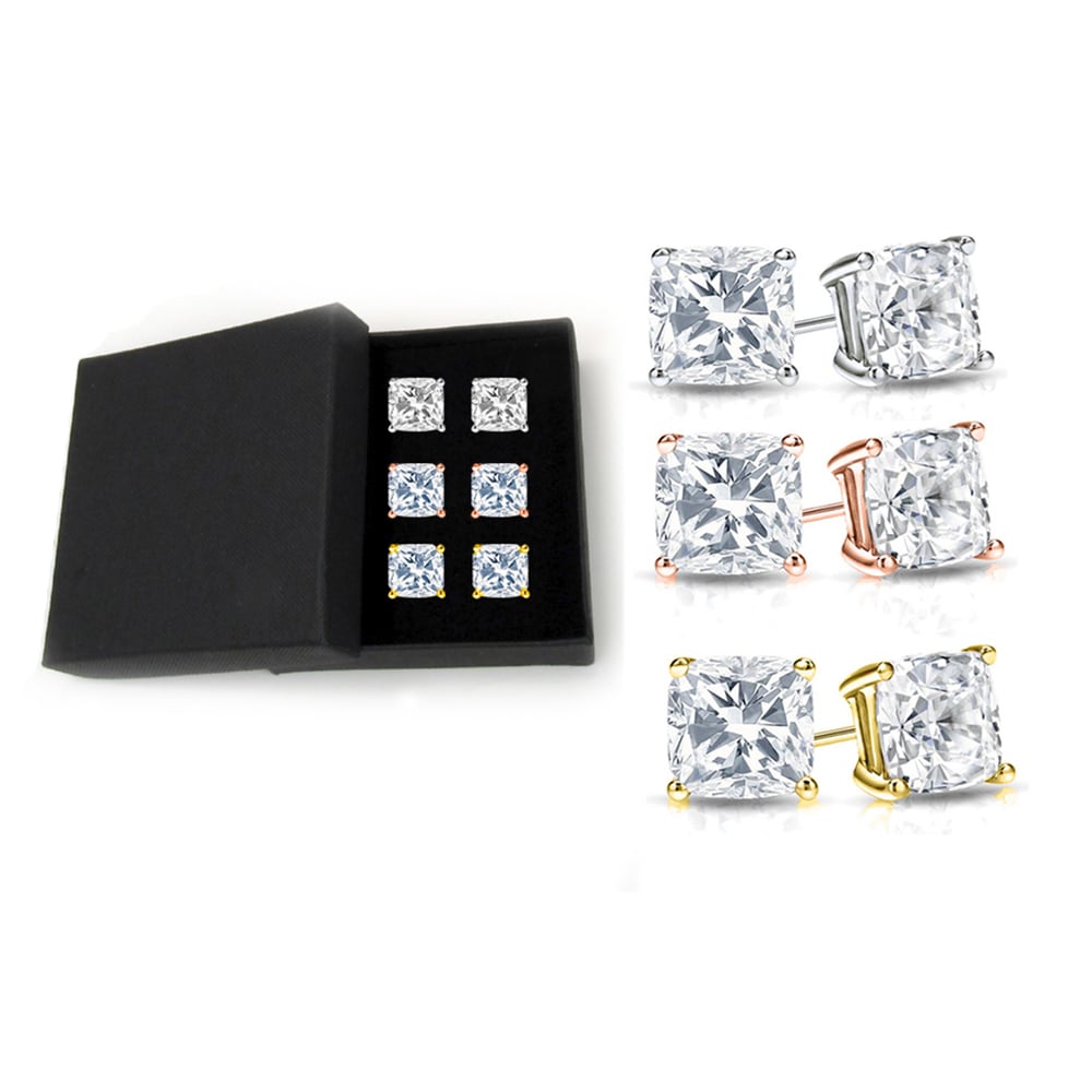 Swarovski Crystal Cushion Cut Studs 6.00 CTTW Sterling Silver Gold Plated Set of 3 Image 1