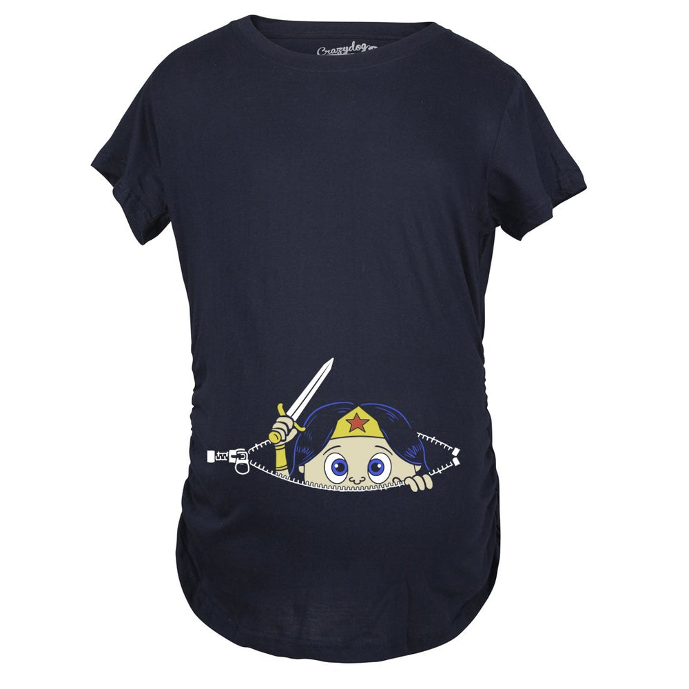 Maternity Peeking Women Warrior Superhero Pregnancy Shirt Image 2