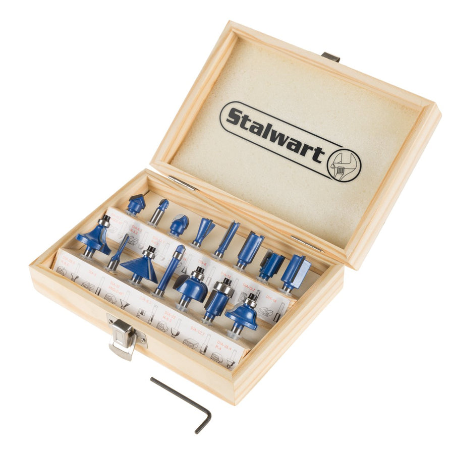 Stalwart 15 Piece Router Bit Set 14 Inch Shank with Wooden Storage Case Image 1