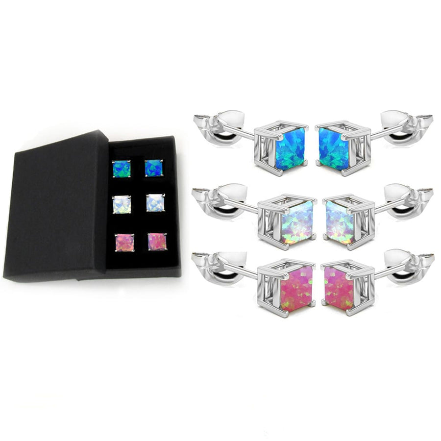 "Set of 3 Opal Princess Cut Sterling Silver Stud Earrings Gift Box 6.00 CTTW" Image 1