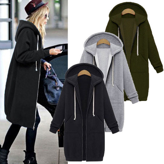 Zip Up Hoodie Solid Long Jacket Sweatshirt Outerwear Plus Size Image 2