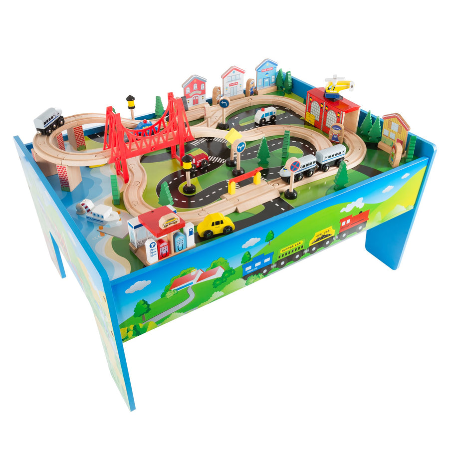 Hey! Play! Wooden Train Set 75 Pc Toddler Table 32x23 No Batteries Road Water Scene Image 1