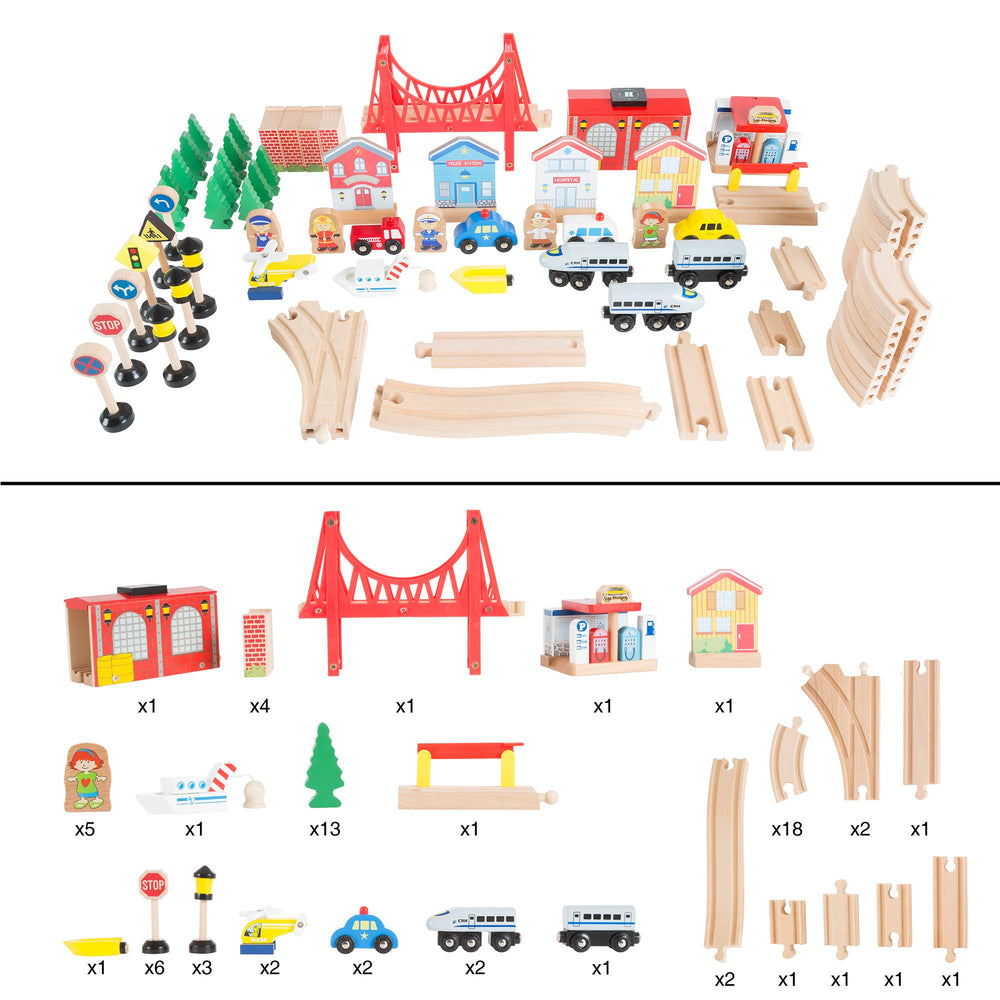 Hey! Play! Wooden Train Set 75 Pc Toddler Table 32x23 No Batteries Road Water Scene Image 2