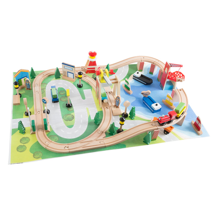 65 Pc Kids Toys Play Wooden Train Set Accessories and Play Mat 33 x 22 Inches Toddlers Boys and Girls Image 1