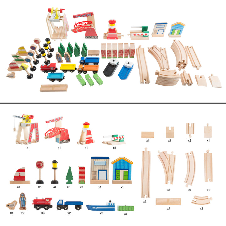 65 Pc Kids Toys Play Wooden Train Set Accessories and Play Mat 33 x 22 Inches Toddlers Boys and Girls Image 3