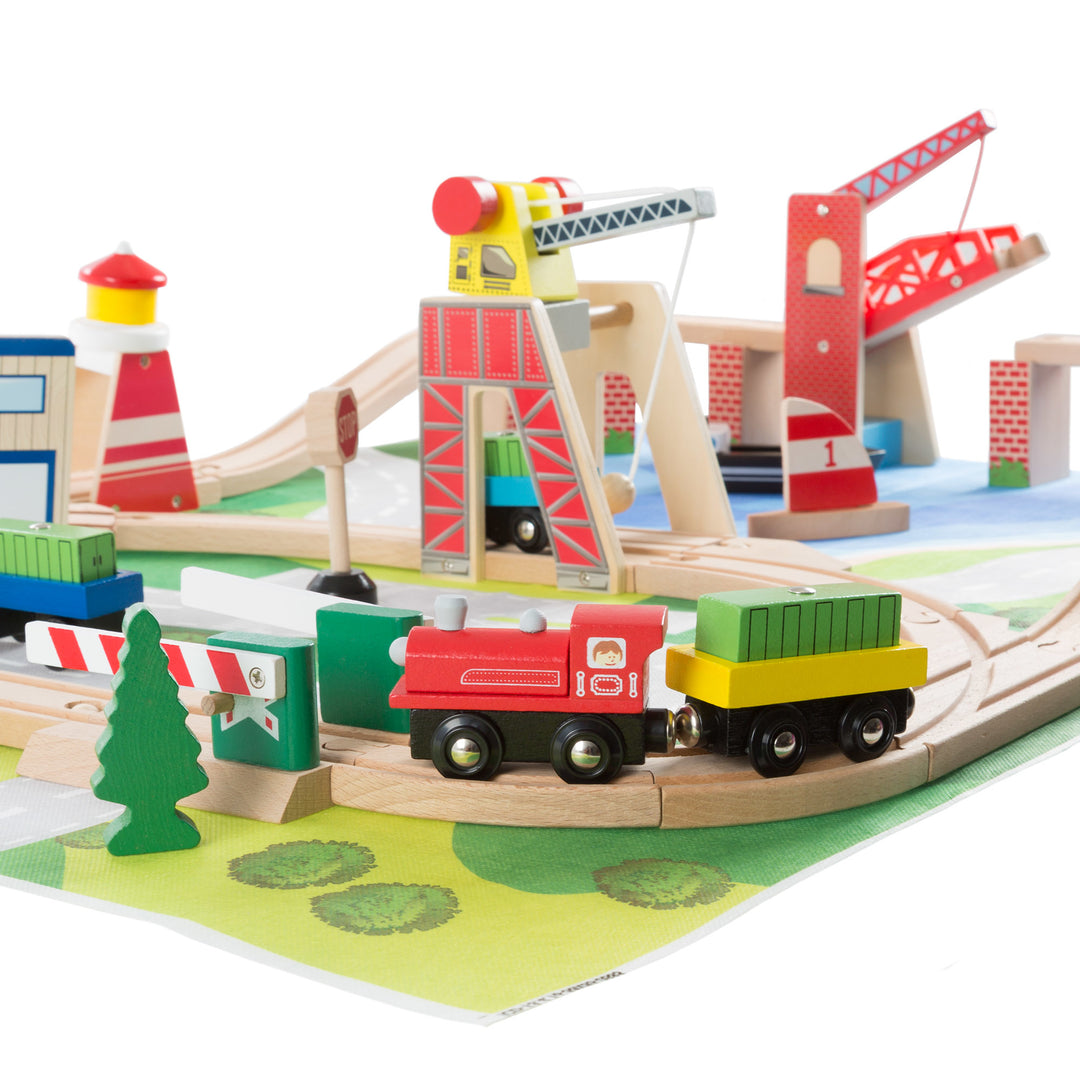 65 Pc Kids Toys Play Wooden Train Set Accessories and Play Mat 33 x 22 Inches Toddlers Boys and Girls Image 4