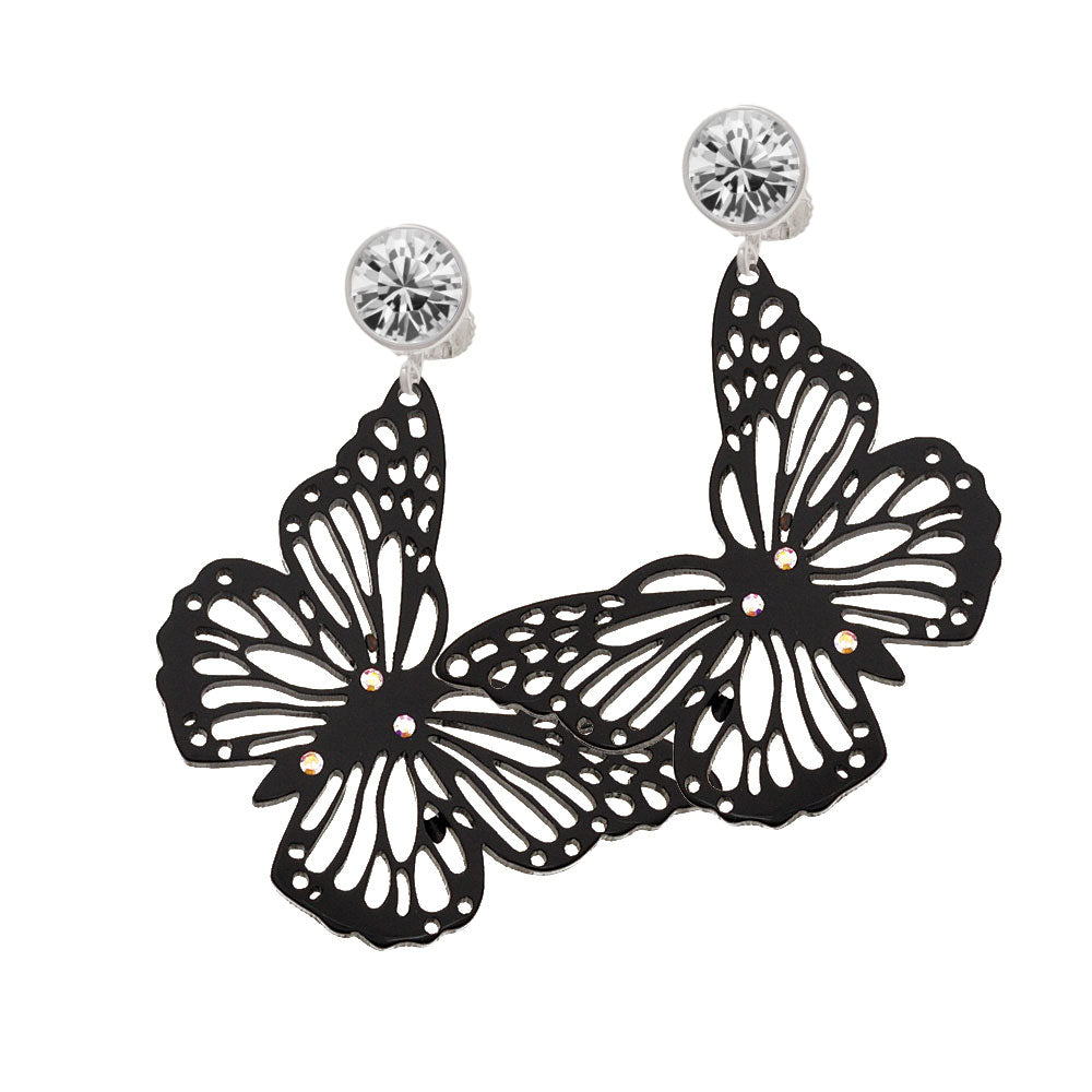 Acrylic Cut Out Butterfly Black Crystal Clip On Earrings Image 2