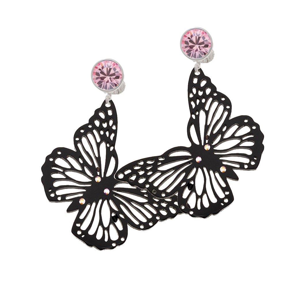 Acrylic Cut Out Butterfly Black Crystal Clip On Earrings Image 1