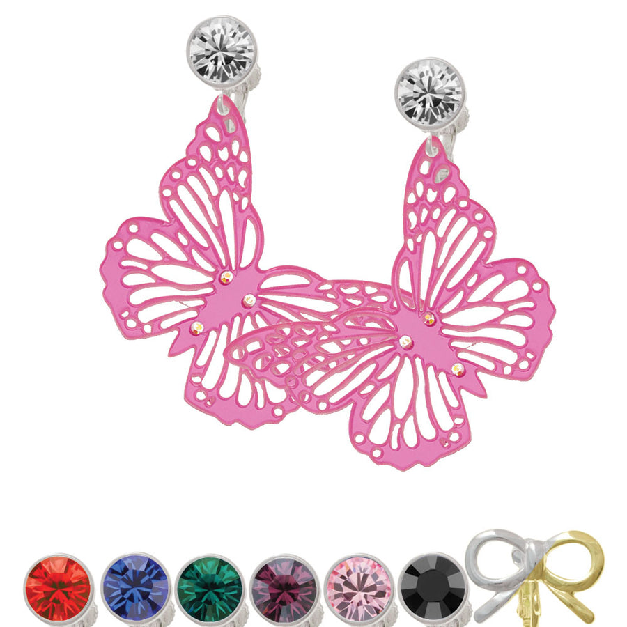 Acrylic Cut Out Butterfly Mirror Pink Crystal Clip On Earrings Image 1