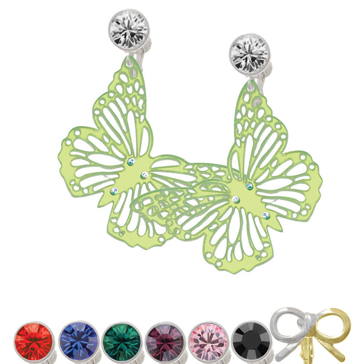 Acrylic Cut Out Butterfly Mirror Lime Green Crystal Clip On Earrings Image 1