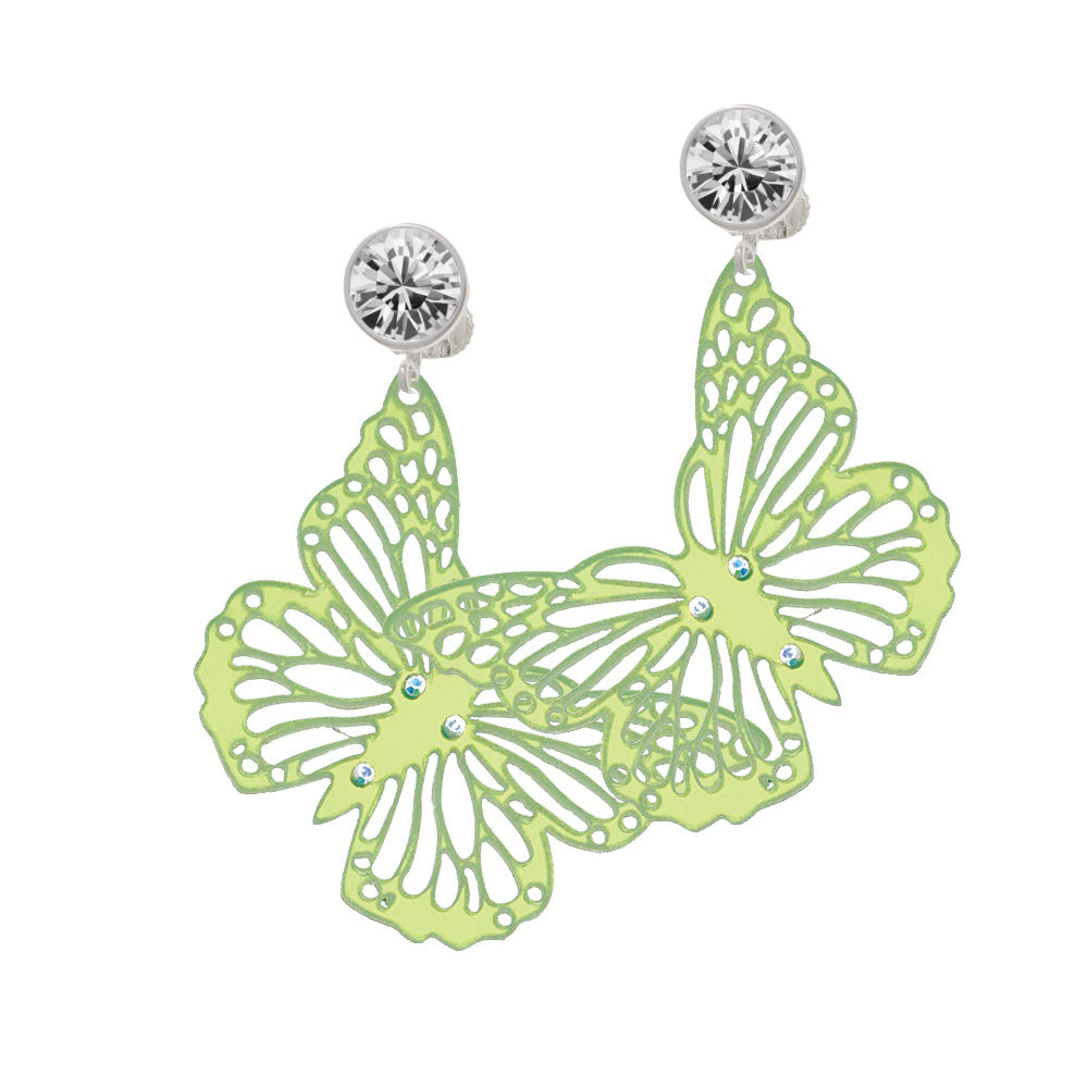 Acrylic Cut Out Butterfly Mirror Lime Green Crystal Clip On Earrings Image 2