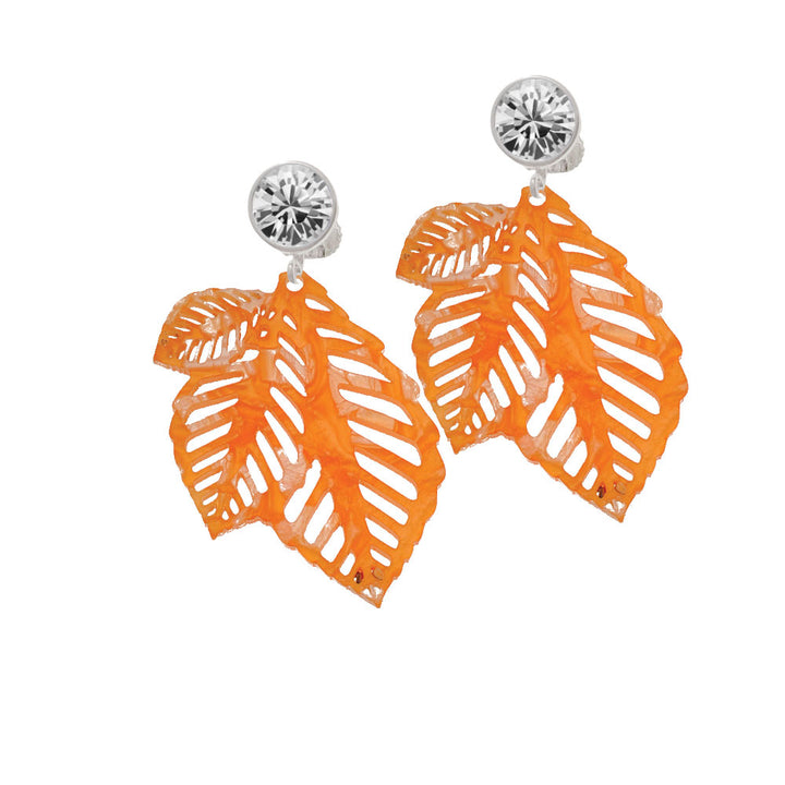 Acrylic Medium Triple Leaf Pearly Orange Crystal Clip On Earrings Image 2