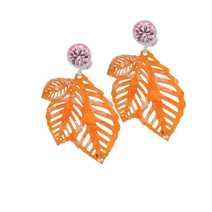 Acrylic Medium Triple Leaf Pearly Orange Crystal Clip On Earrings Image 4