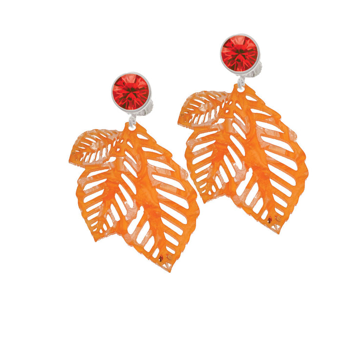 Acrylic Medium Triple Leaf Pearly Orange Crystal Clip On Earrings Image 4