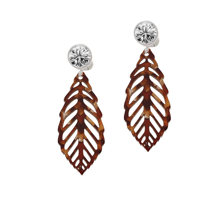 Acrylic Large Leaf Pearly Brown Crystal Clip On Earrings Image 2