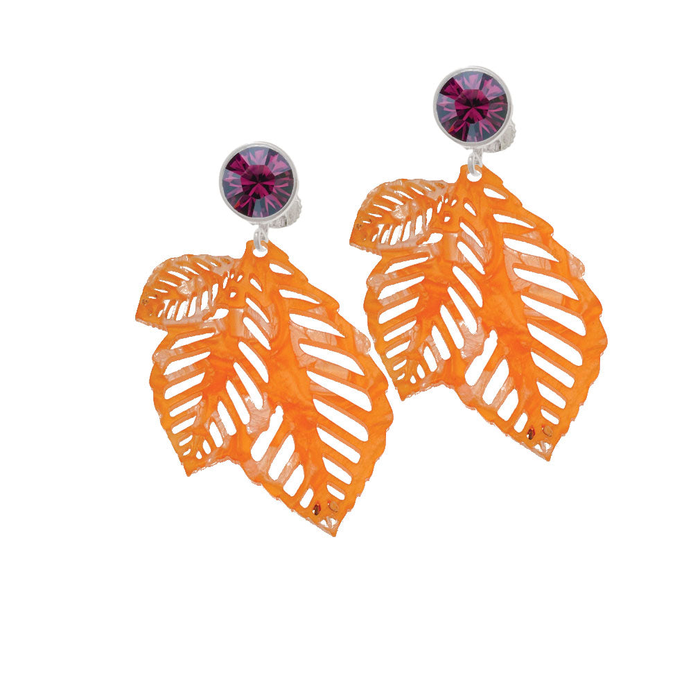 Acrylic Medium Triple Leaf Pearly Orange Crystal Clip On Earrings Image 8