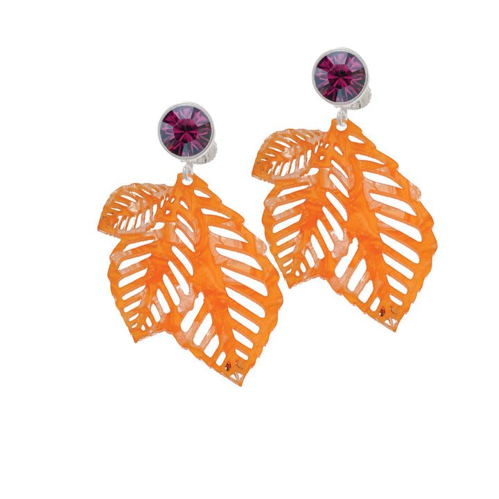 Acrylic Medium Triple Leaf Pearly Orange Crystal Clip On Earrings Image 8