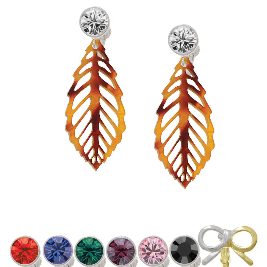 Acrylic Large Leaf Orange Mixed Brown and Yellow Crystal Clip On Earrings Image 1