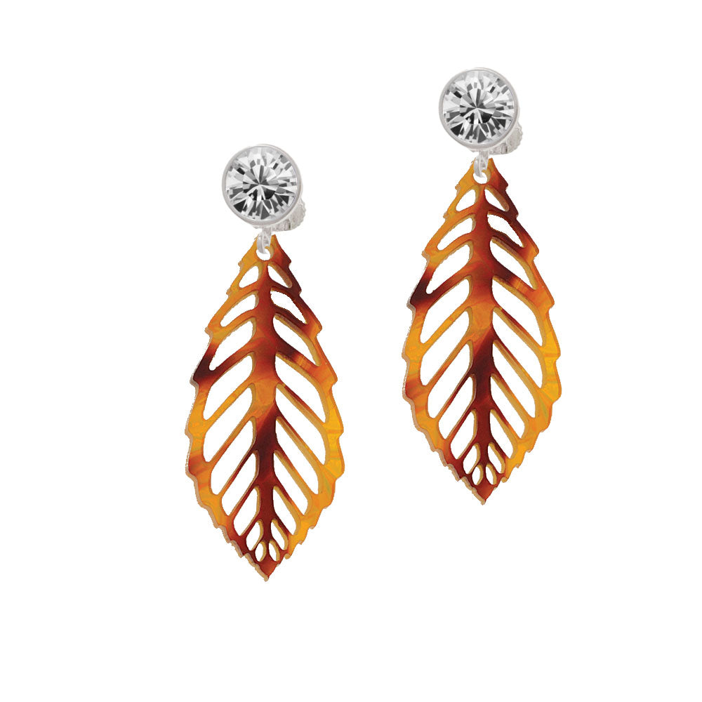 Acrylic Large Leaf Orange Mixed Brown and Yellow Crystal Clip On Earrings Image 2