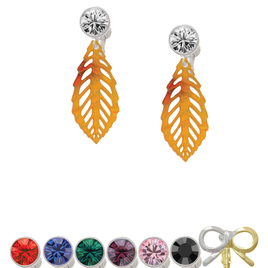 Acrylic Medium Leaf Orange Mixed Brown and Yellow Crystal Clip On Earrings Image 1