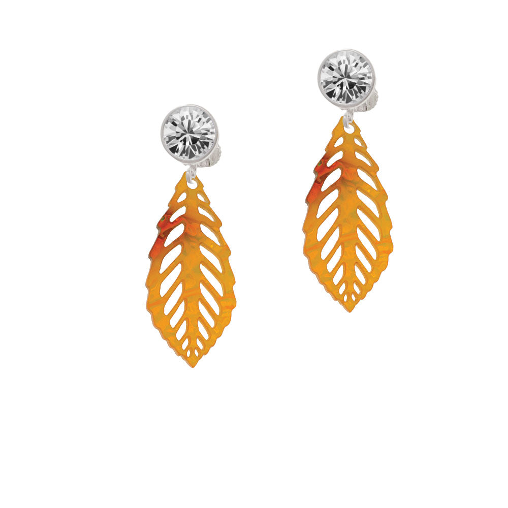 Acrylic Medium Leaf Orange Mixed Brown and Yellow Crystal Clip On Earrings Image 2