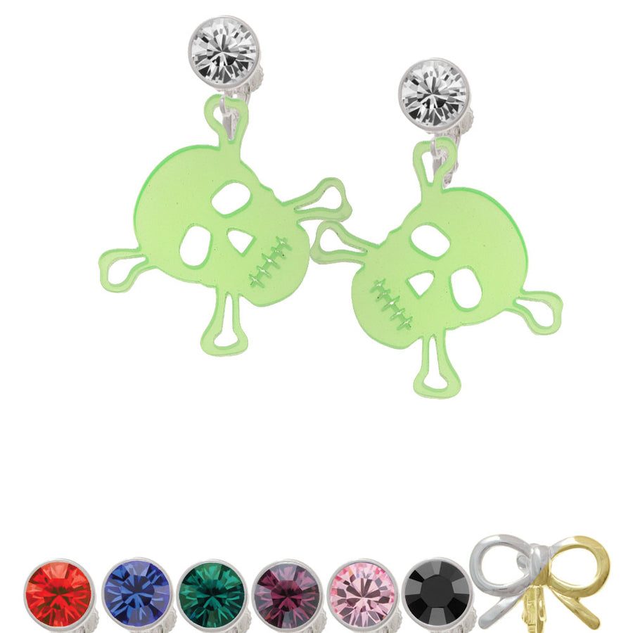 Acrylic Large Lime Green Skull Crystal Clip On Earrings Image 1