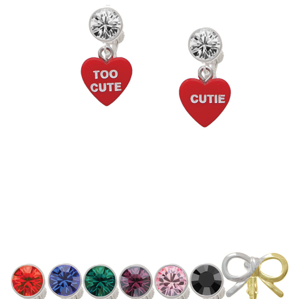 Acrylic Red "Too Cute / Cutie" Heart Crystal Clip On Earrings Image 1